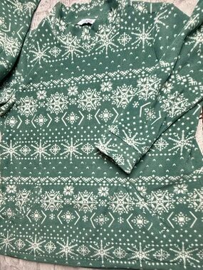 d&co. Women's Green/White Fair Isle Fleece Pullover Sweater Crew Neck L 😍